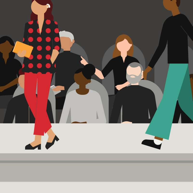 Models walking the run way in front of a crowd illustration